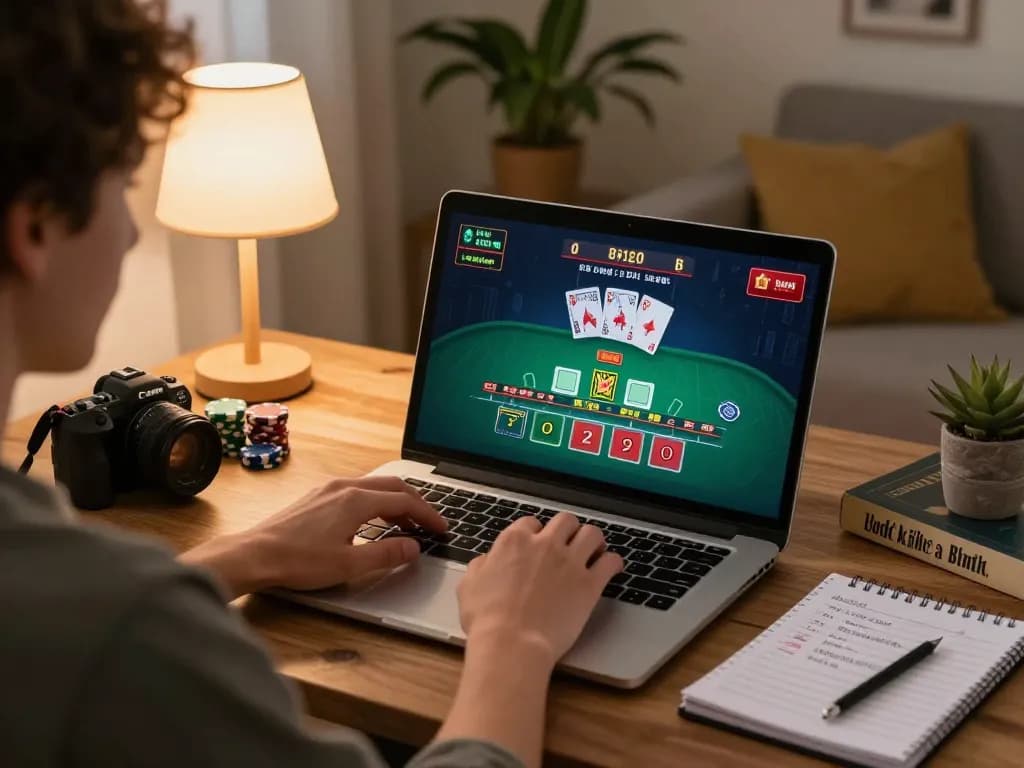 Player focused on online blackjack gameplay with MB88 cards and chips on display in cozy home setup.