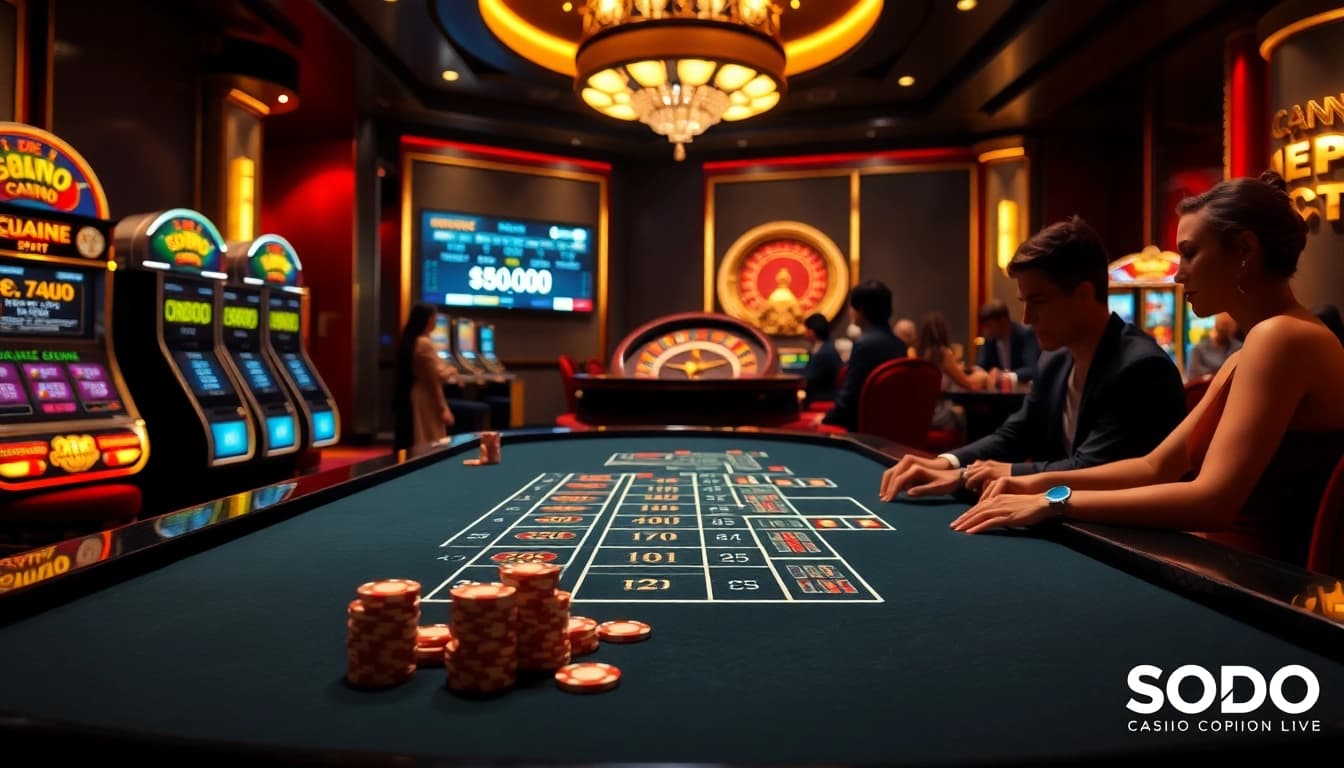 Players enjoying high-stakes gaming at SODO Casino, featuring vibrant slot machines and poker chips.