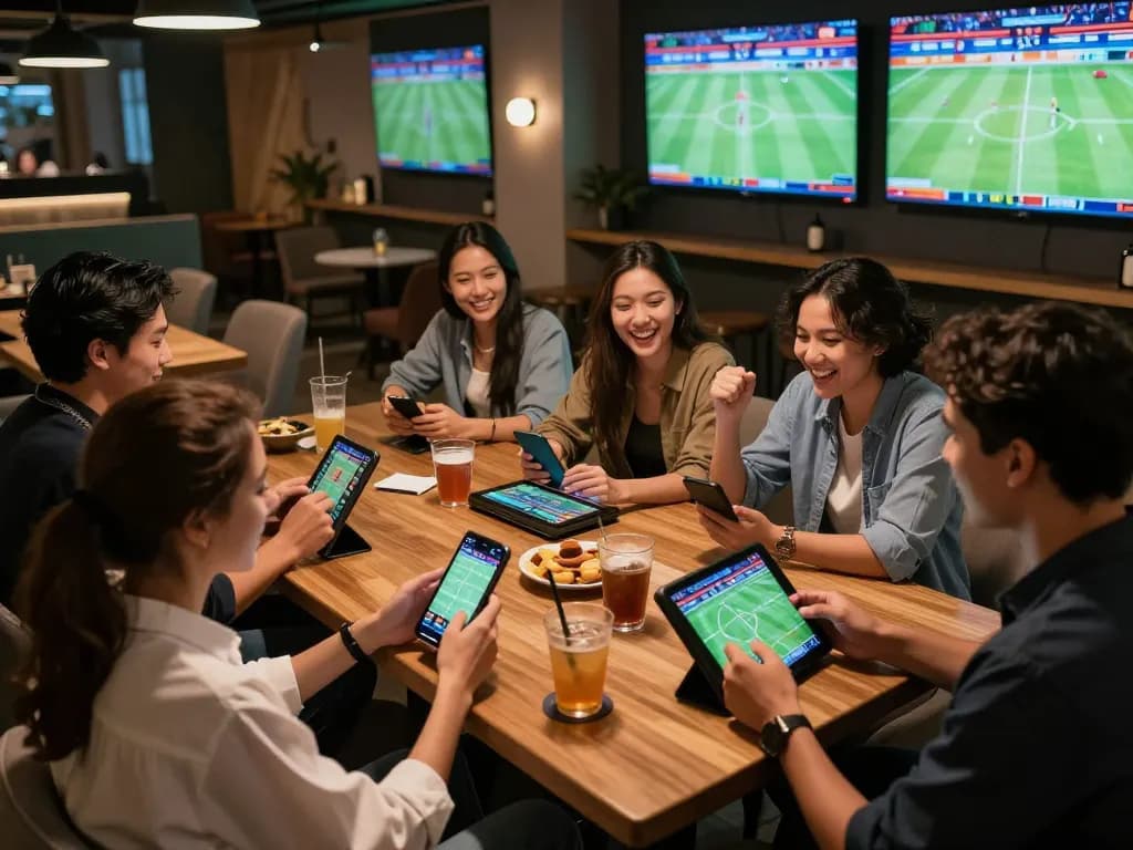 Players at N88 excitedly placing bets on sports events through their smartphones in a lively social setting.
