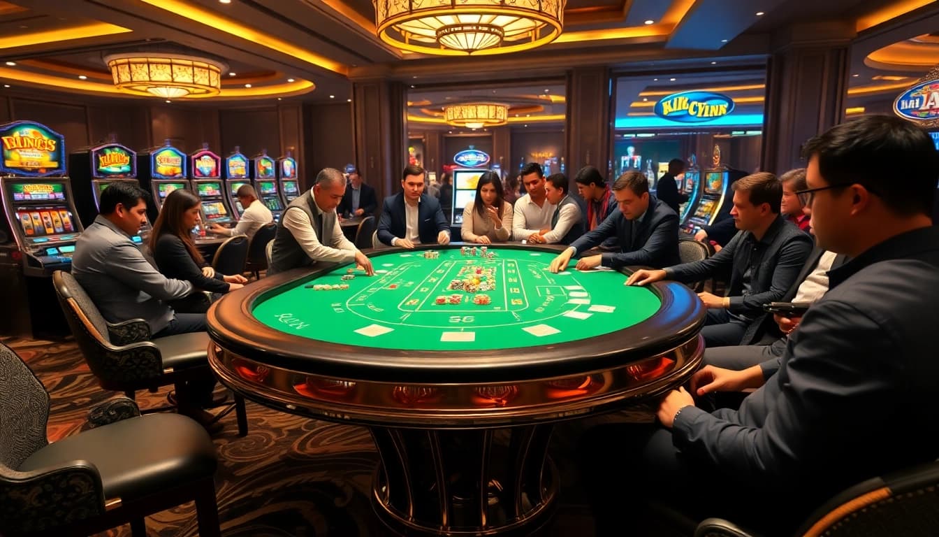 Engaging players at a KK55 casino table with poker chips and slot machines, highlighting the thrill of gambling.