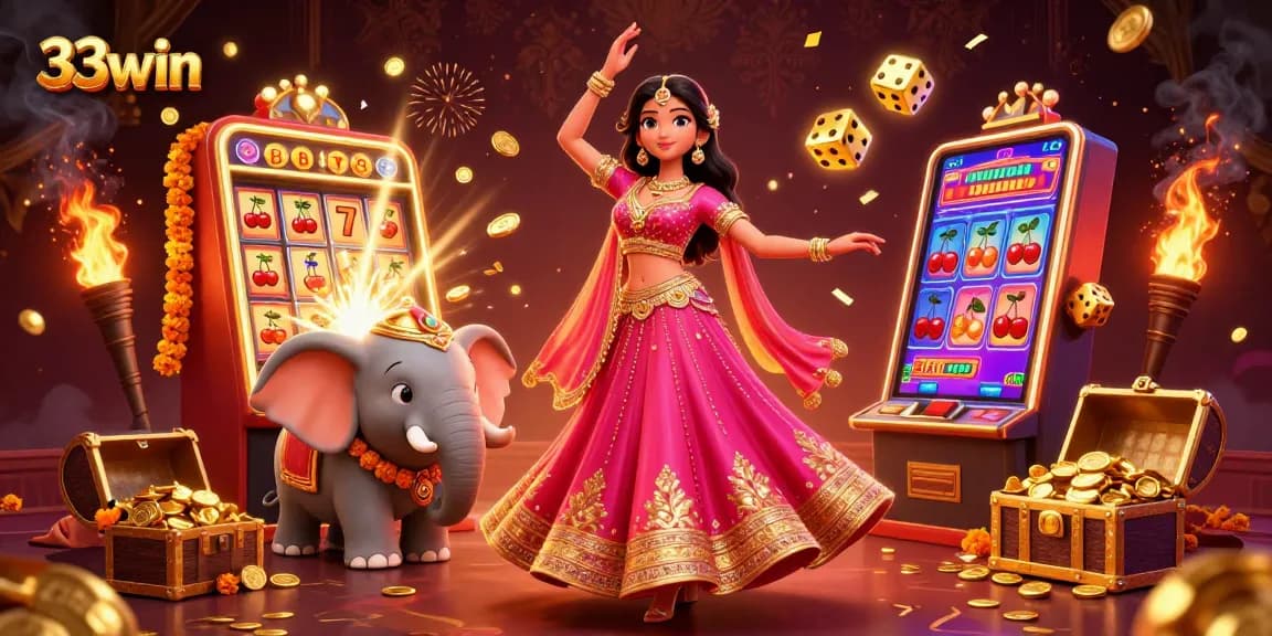 Immerse in the thrilling 33win experience as beautiful characters celebrate jackpots with vibrant casino elements.
