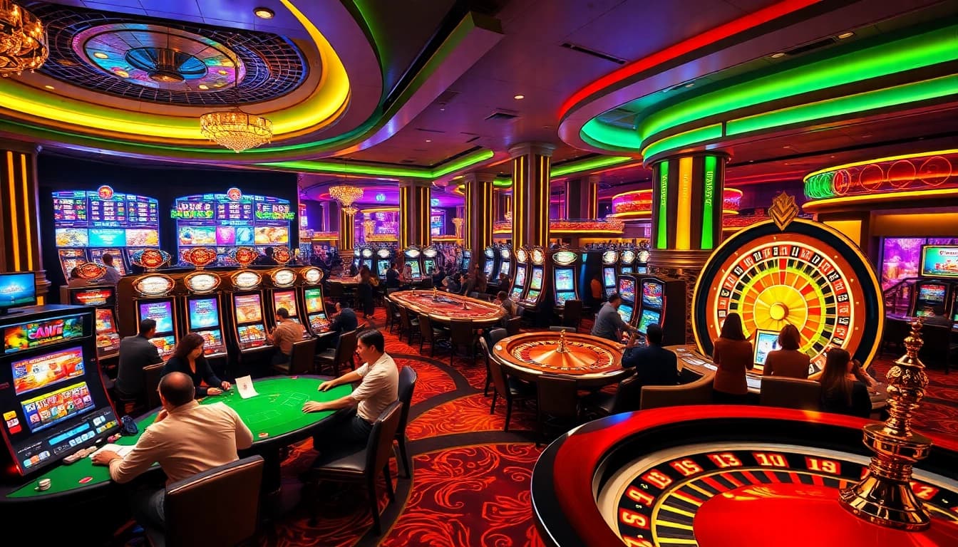 Active gamblers enjoying the luxurious casino experience at ee88 with vibrant gaming tables, slots, and roulette.