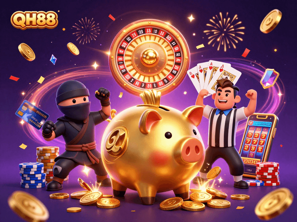 QH88 gaming scene with a golden piggy bank sumo wrestler, coins cascading around in a vibrant casino atmosphere.