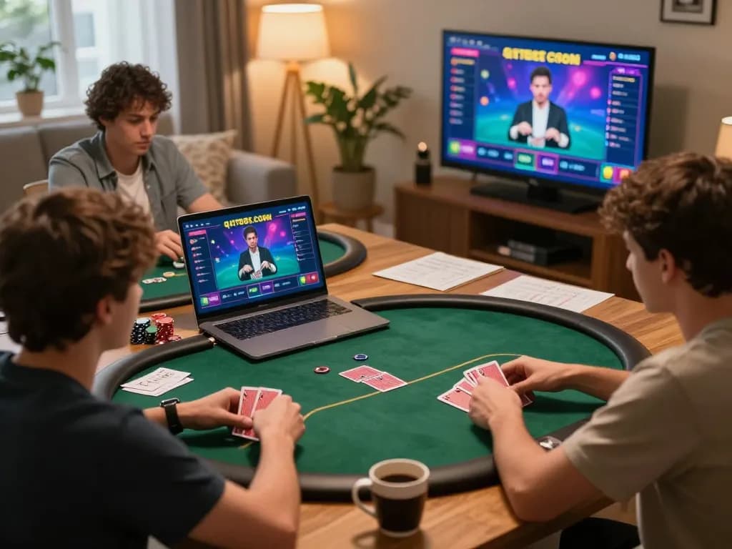 Engage in poker action online at https://qtr88.com/ with players focused around screens and strategic notes.