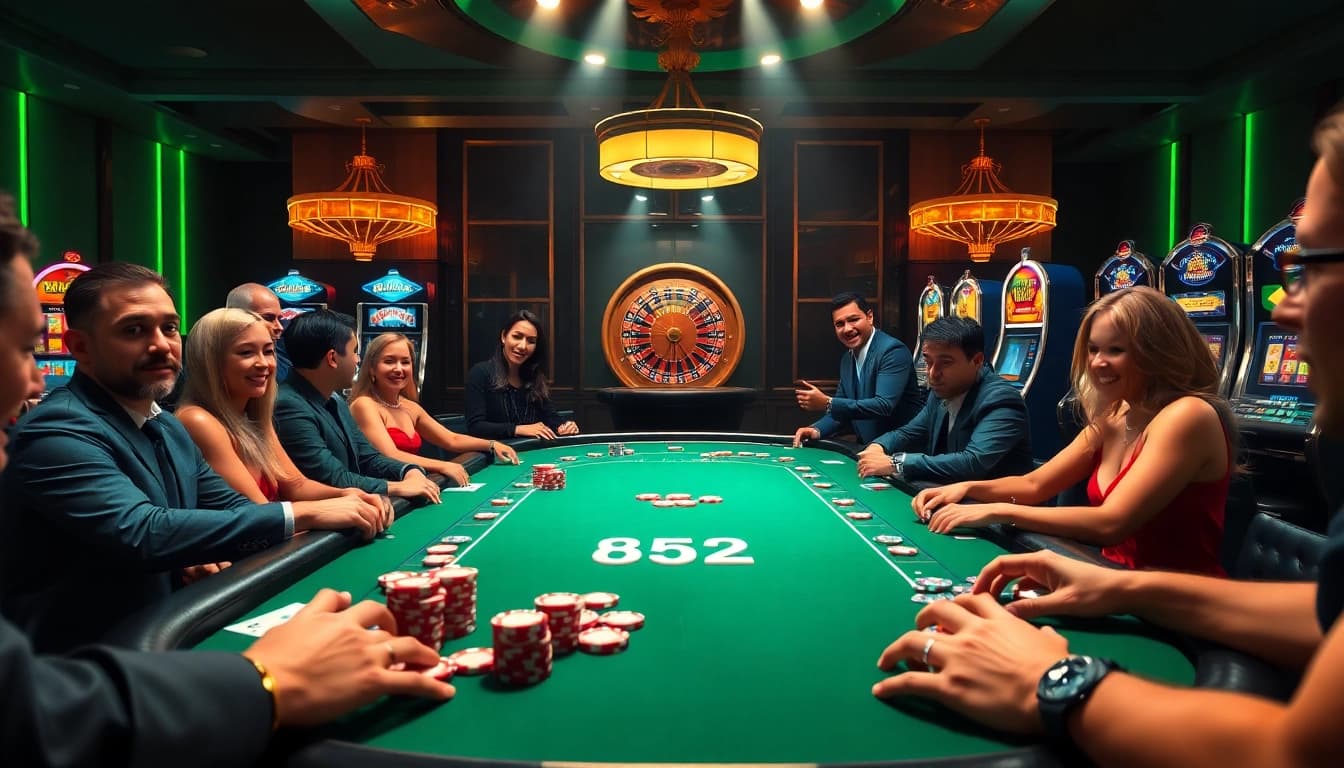 Experience high-stakes action at a b52-themed casino poker table with vibrant players and chips.