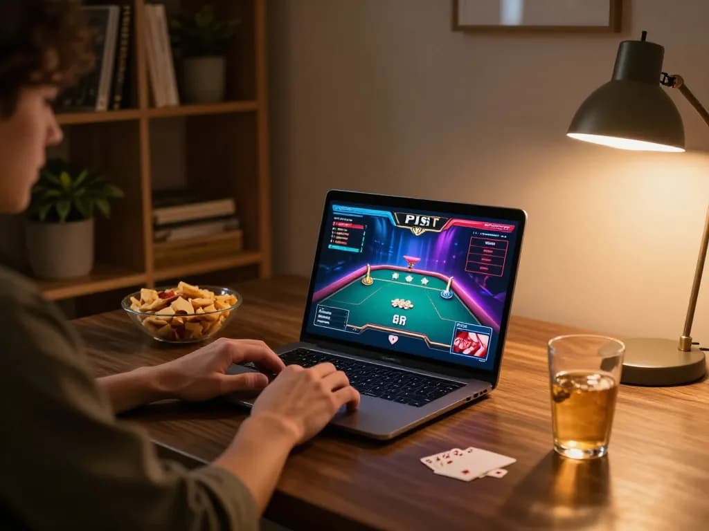 Engaged player enjoying BL 555 poker game on a modern laptop in cozy home setting
