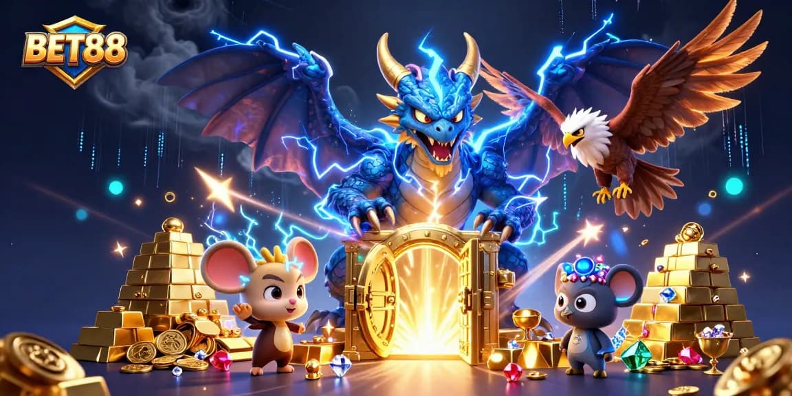 BET88 showcases an epic scene with dynamic characters amidst a treasure-filled casino fantasy, featuring vibrant colors and electric energy.