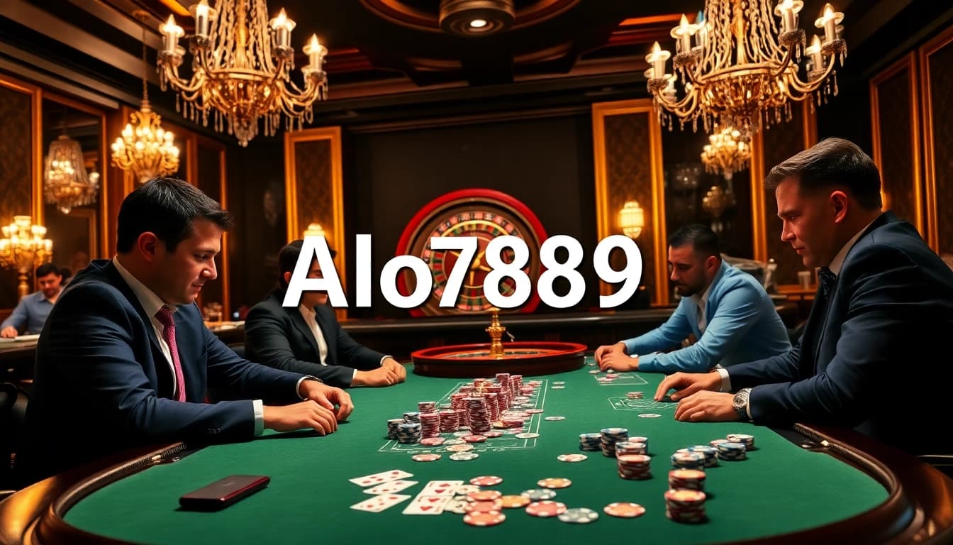 A dynamic scene of a poker game illustrating the excitement of gambling, featuring Alo789 Link prominently on the casino table.