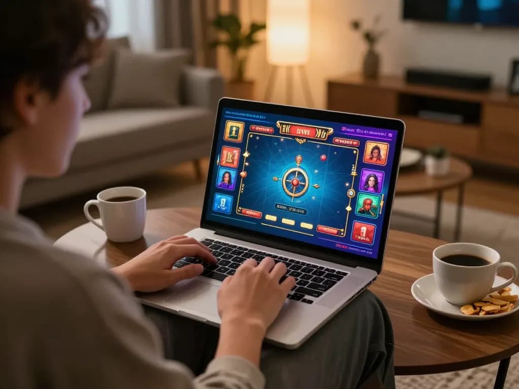 Engaging in Đá gà thomo live game on laptop at home with vibrant interface, relaxed atmosphere.