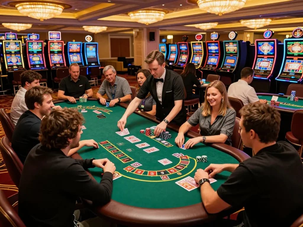 Players enjoying an engaging blackjack session at km777 Casino with vibrant casino ambiance.