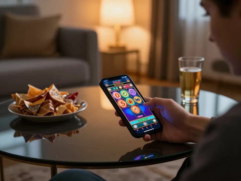 Engaging in thrilling slot games on 92slot mobile app in a cozy home setting.