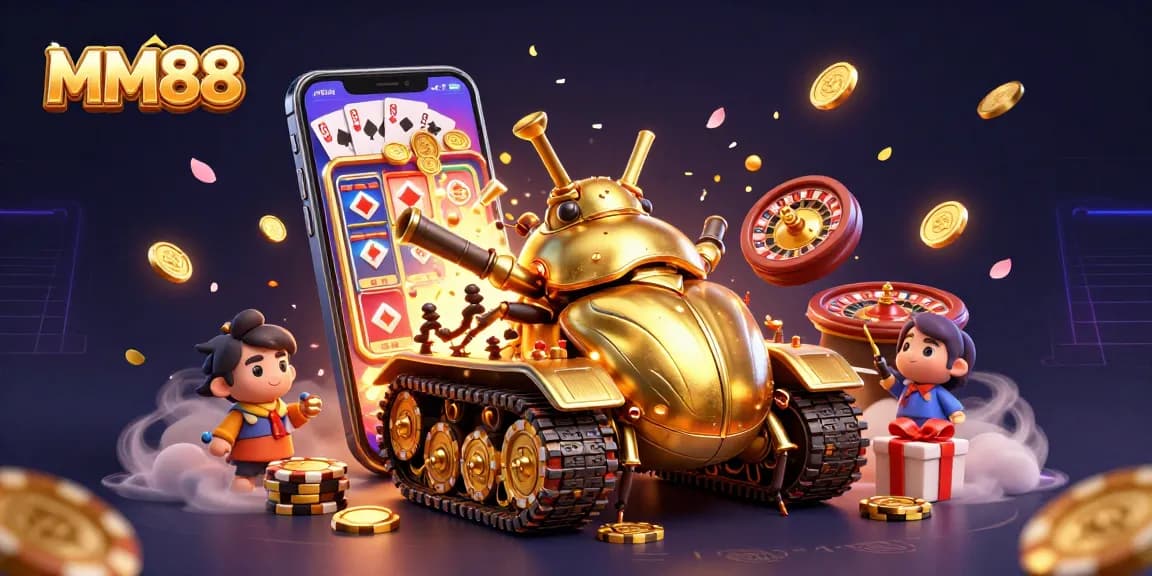 Engage in the excitement of MM88 with a vibrant 3D cartoon casino world featuring a golden beetle tank, slot game, and casino elements.