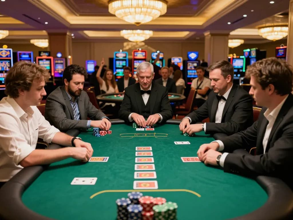 Players strategizing in a high-stakes poker game at 888top casino venue.