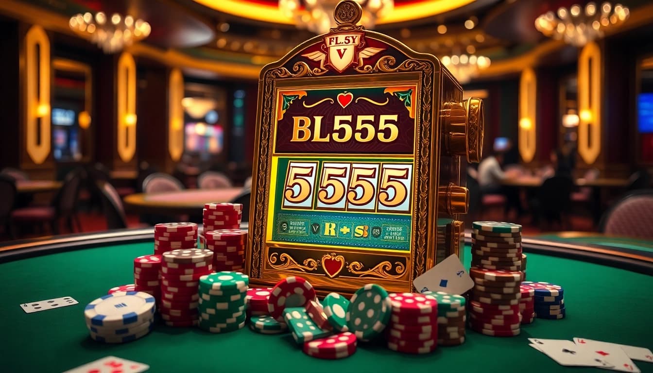 Experience thrilling gameplay at Bl555 with vibrant slot machines, poker chips, and stylish casino ambiance.