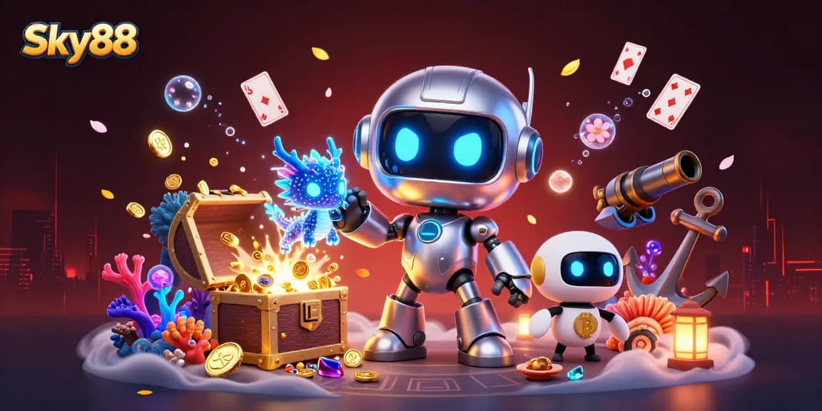 Sky88 showcases a vibrant 3D cyberpunk casino scene filled with treasures and gaming elements.