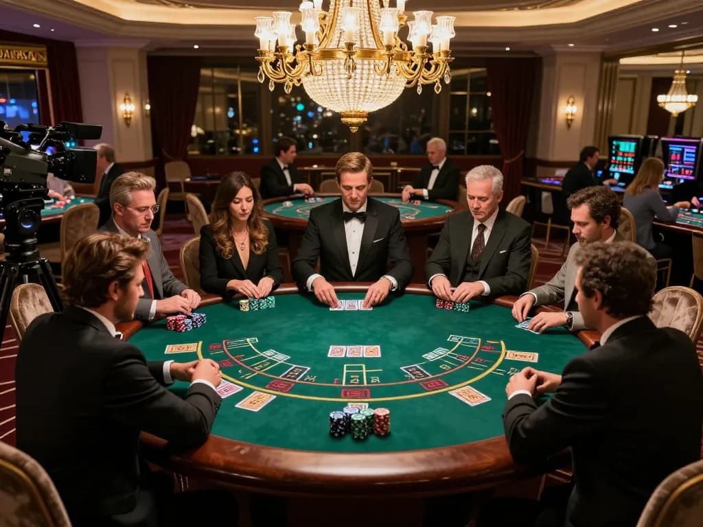 Players engaging at a Bsport blackjack table in a luxurious casino, showcasing high-stakes gameplay.