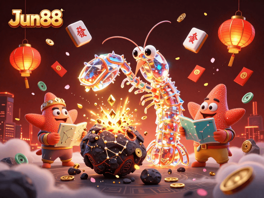 Experience thrilling gameplay at Jun88, featuring a galactic mantis shrimp amidst colorful casino elements.