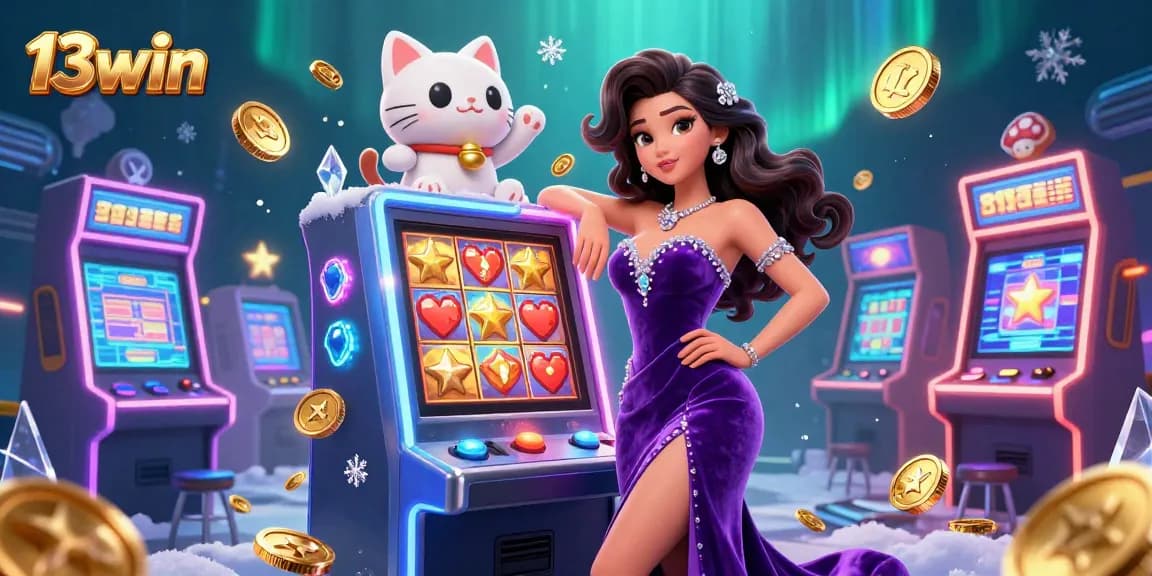 Engage with 13win's thrilling jackpot excitement, featuring a glamorous character and animated fortune cat amidst colorful casino elements.