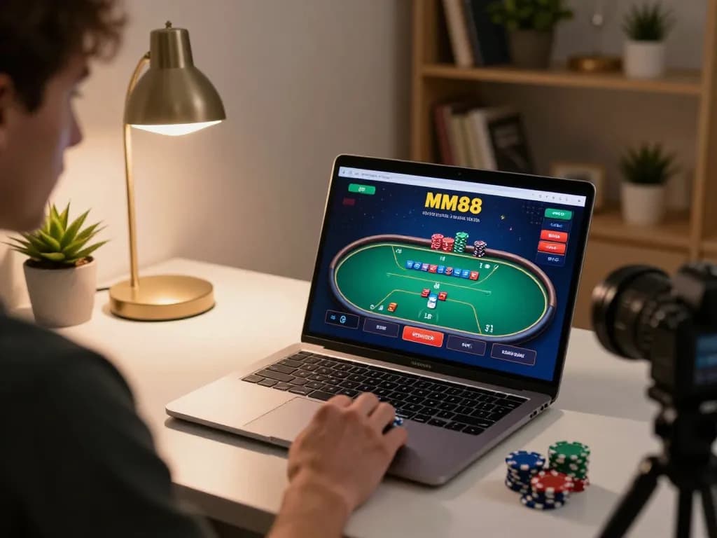 Player engaging in online poker at MM88 with chips and game interface on screen.