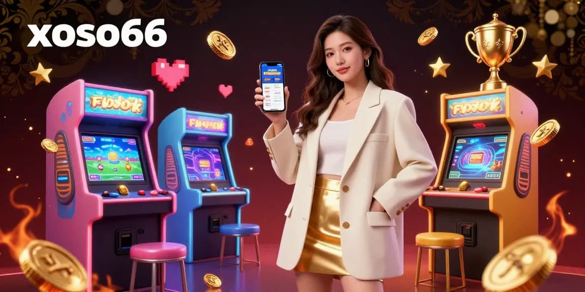 xoso66 offers an immersive sports betting experience, showcasing a stylish Asian woman interacting with a betting app in a vibrant casino setting.