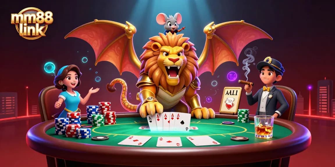 Engage with the mm88 link in a vibrant casino scene featuring a triumphant chimera and poker elements.