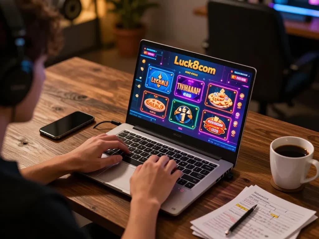 Engaging online gaming experience on Luck8com with vibrant casino graphics and cozy setup.