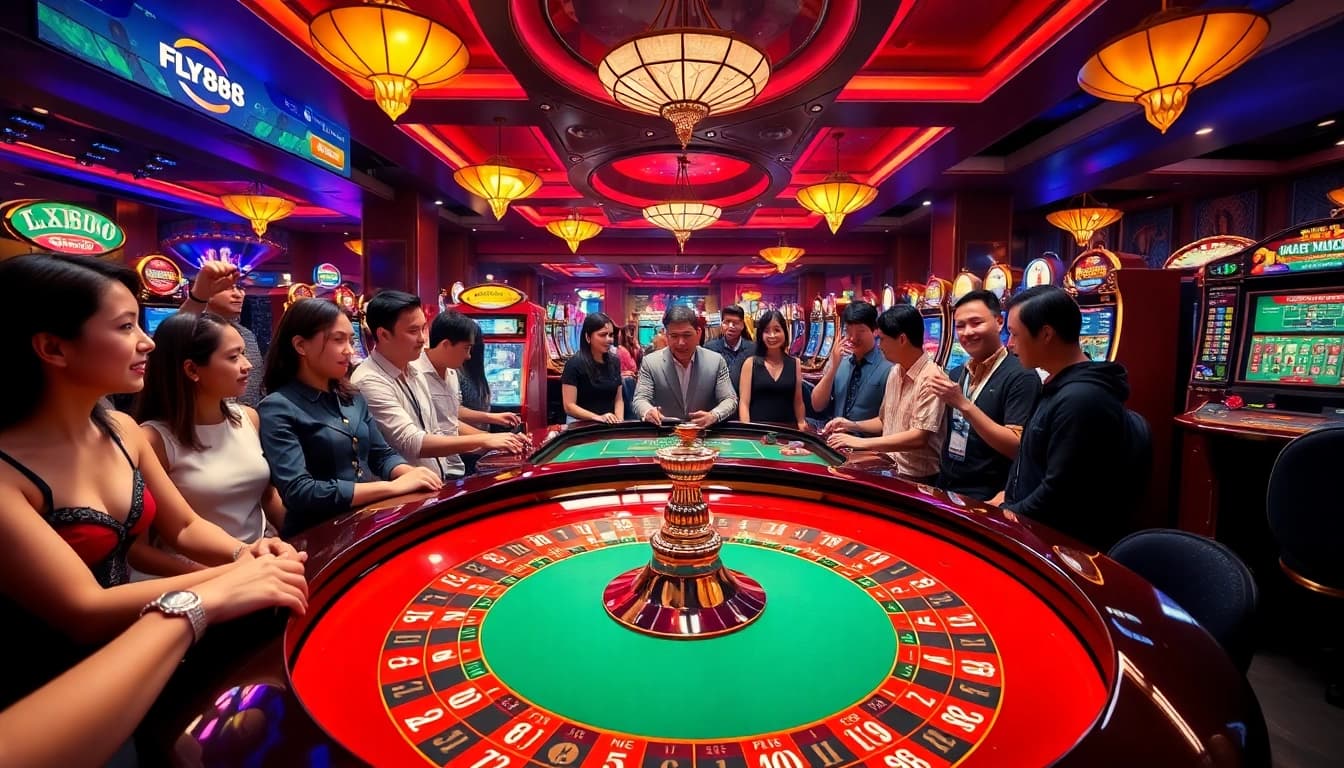 Experience the excitement of nhà cái fly88 with diverse players at a vibrant casino scene filled with roulette, poker, and slot machines.