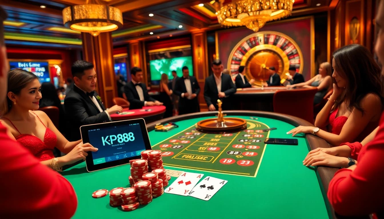 Players betting at a vibrant poker table with KP88 bet theme and colorful chips, capturing the essence of luxury gaming.