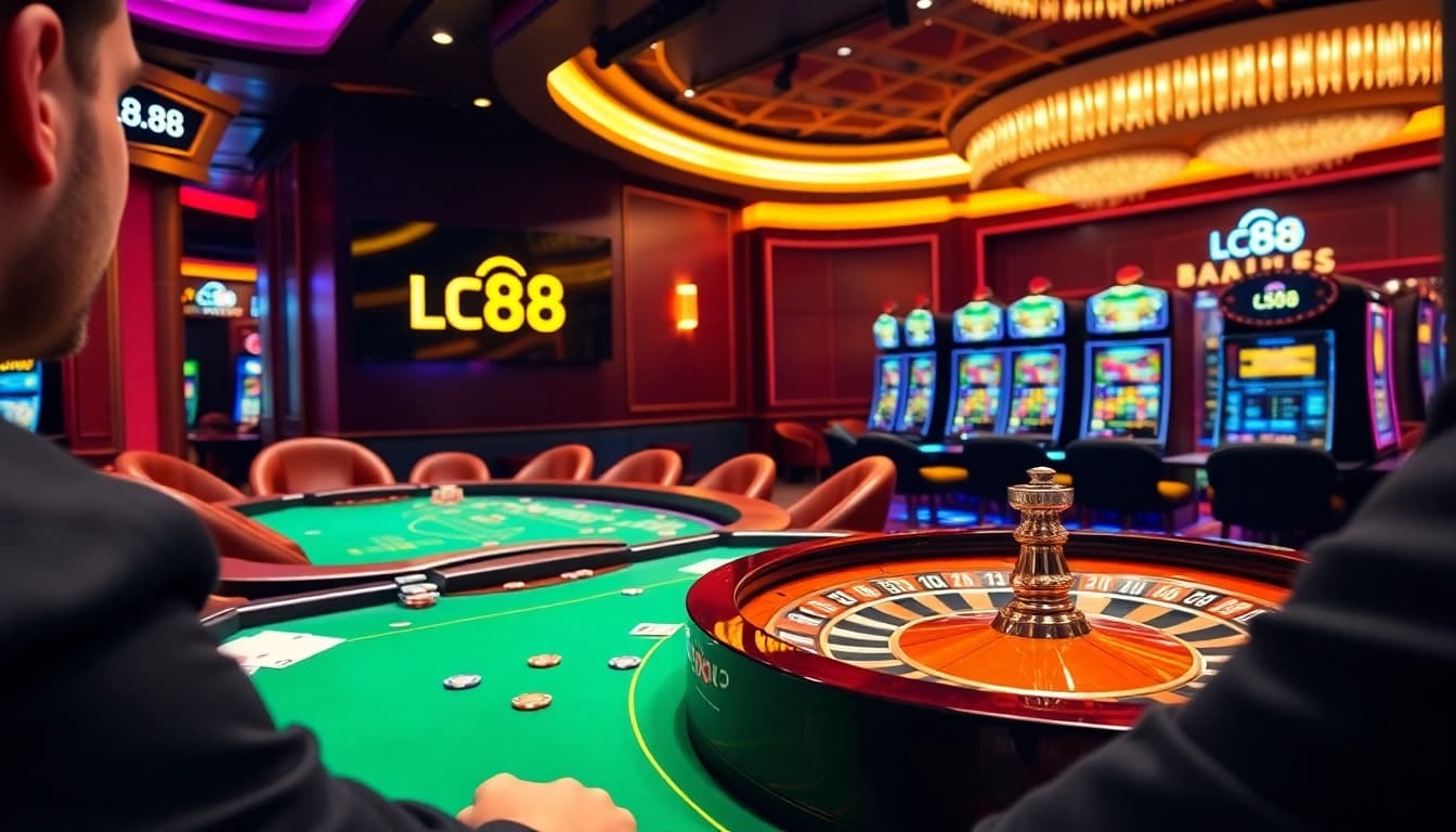 Engaging scene of players enjoying a game at LC 88 casino tables, capturing excitement and elegance.