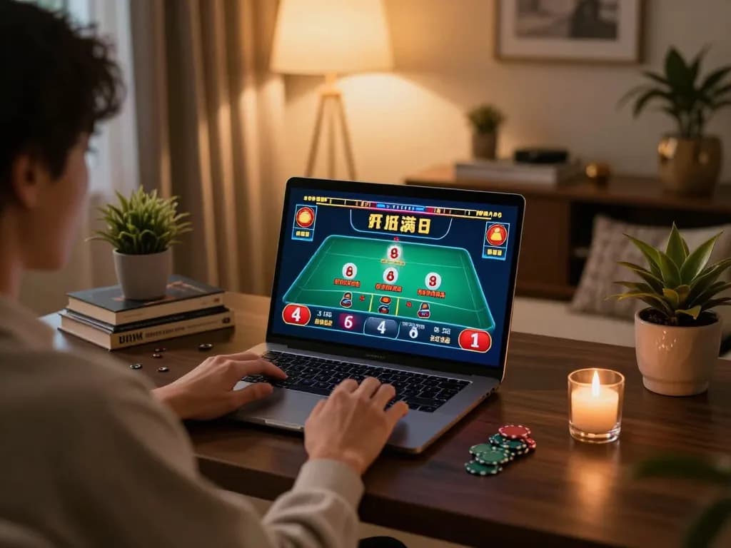 va88 player immersed in a live dealer blackjack game on a laptop in a cozy home office
