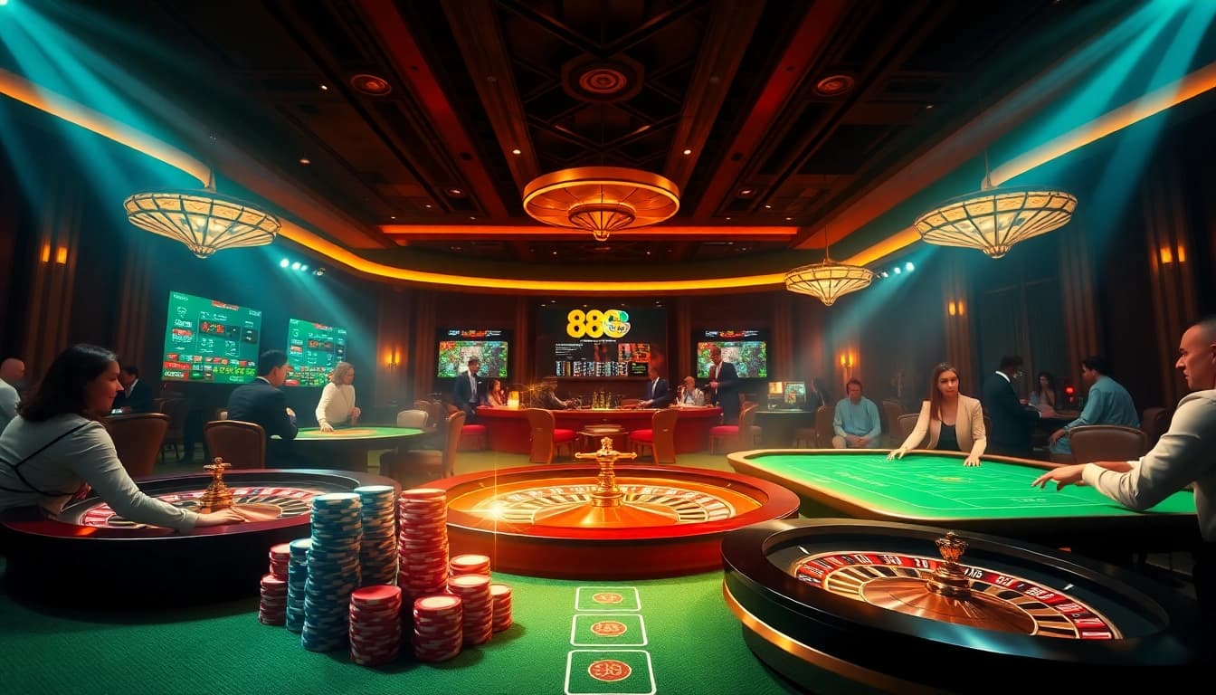 Gamblers enjoying a high-stakes poker game at 888NEW online casino, featuring vibrant poker chips.