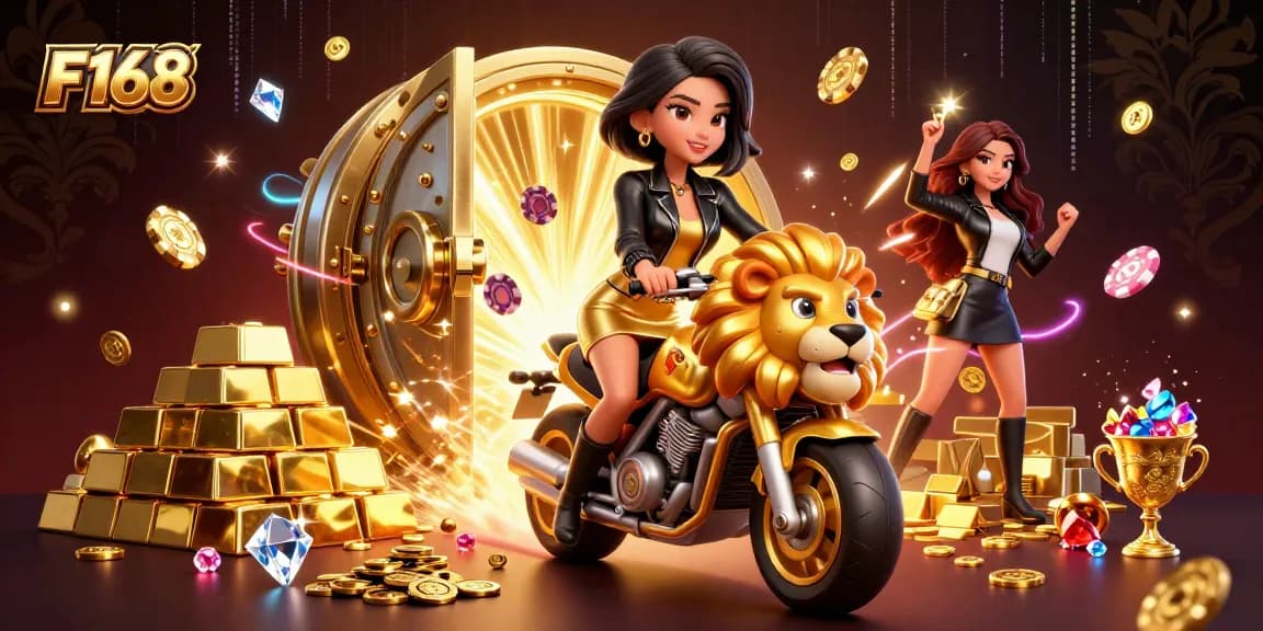 Experience the thrill of F168 casino games with a glamorous Asian woman riding a golden lion mascot.