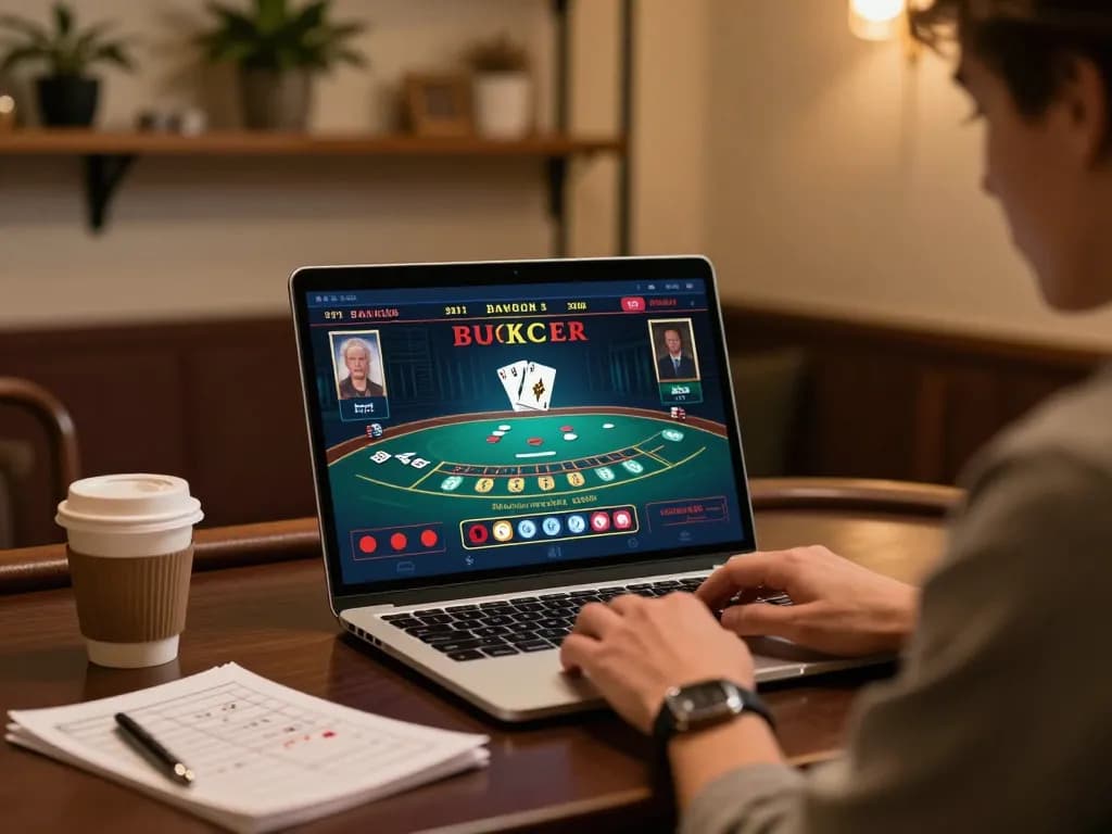 Engaged player on hay88x laptop enjoying live dealer baccarat in cozy home setting.