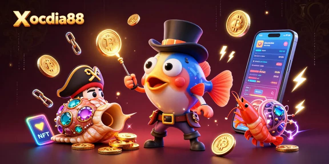 Xocdia88 engages players with a vibrant 3D underwater scene featuring a cartoon anglerfish, pirate shrimp, and gem snail.