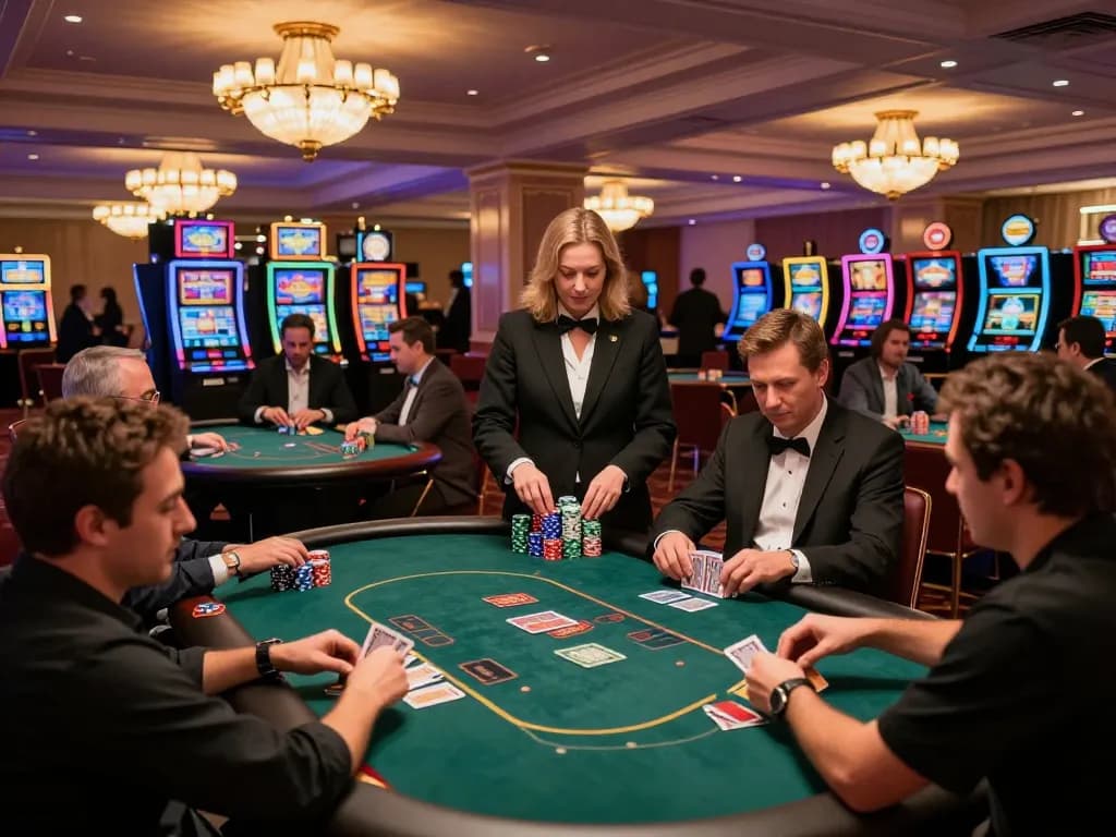 Experience the excitement of gameplay at trang chủ DN88 with players engaged at poker tables under warm chandeliers.