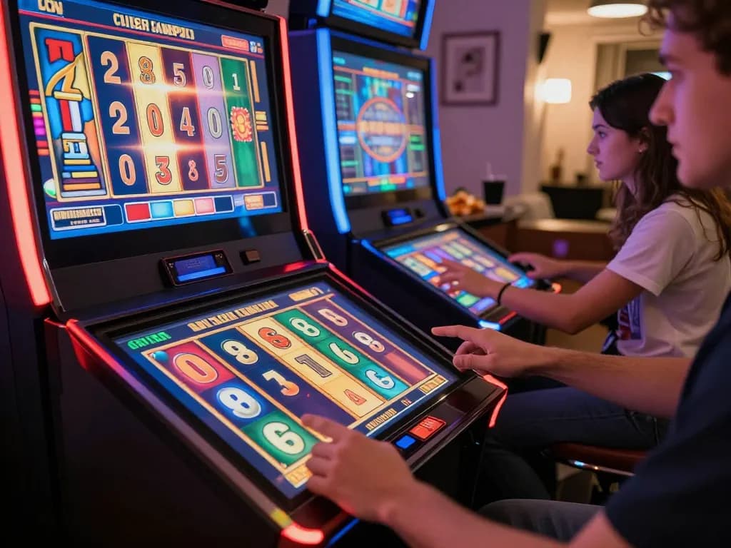 Engaging gameplay at link slot gacor online, close-up of fingers spinning colorful reels.