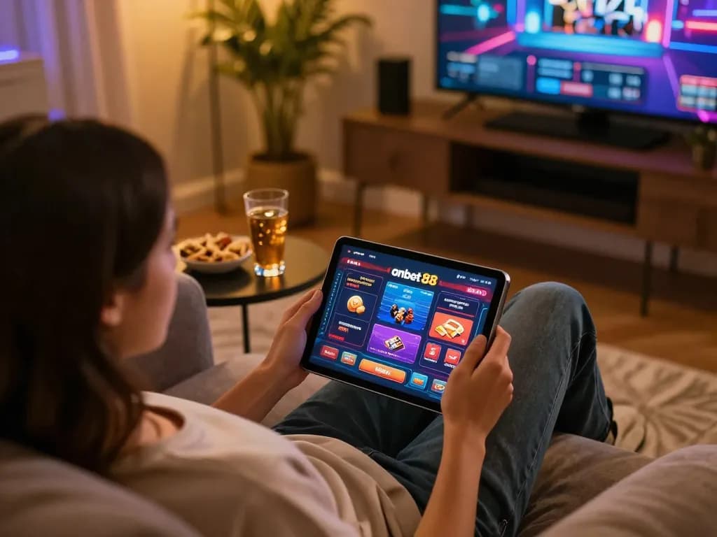 Player enjoying onbet 88 gaming on a tablet in a cozy home setting with snacks and drinks.