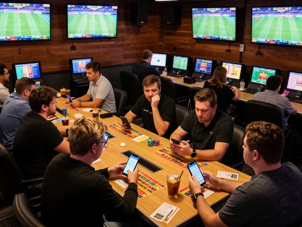 Fans actively wagering on sports through tylekeonhacai88, enjoying a lively betting atmosphere with multiple screens