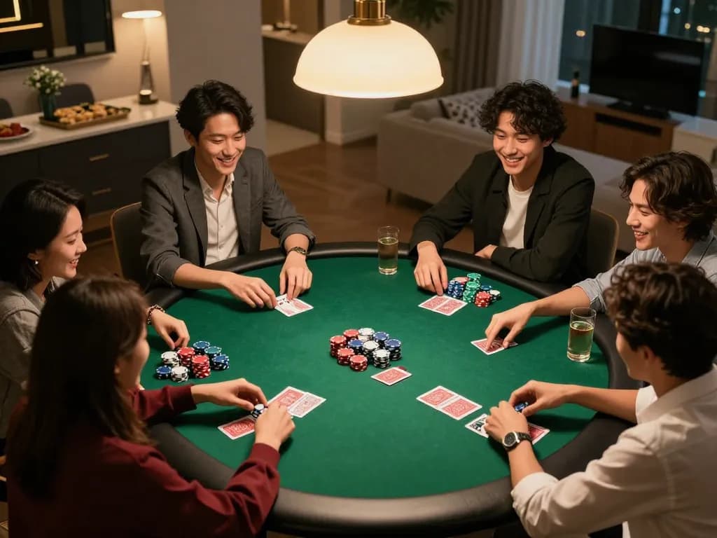 Players enjoying a lively poker game at home showcasing strategic gameplay with XX88.