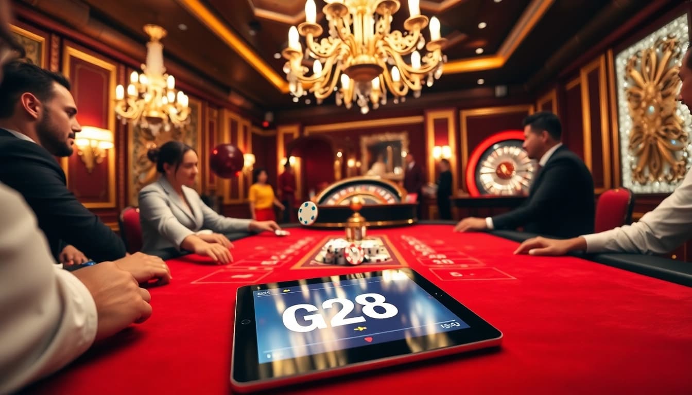 Players enjoying games at G28 casino, showcasing a lively gambling atmosphere with luxury elements.