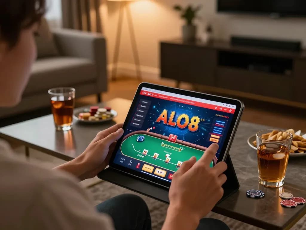 Enjoying poker gameplay on ALO8's platform during a cozy evening at home.