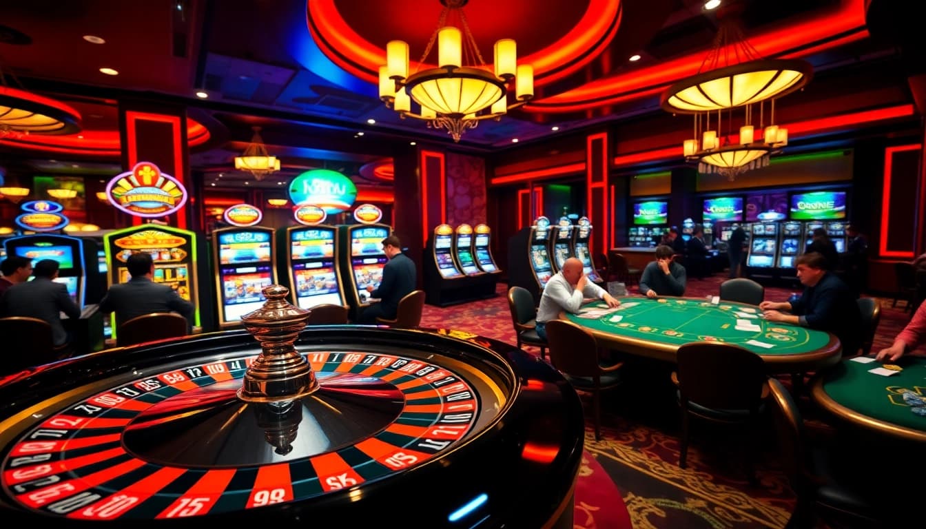 Players at nohu.com engaging in an exciting game at a luxurious casino table, surrounded by poker chips.