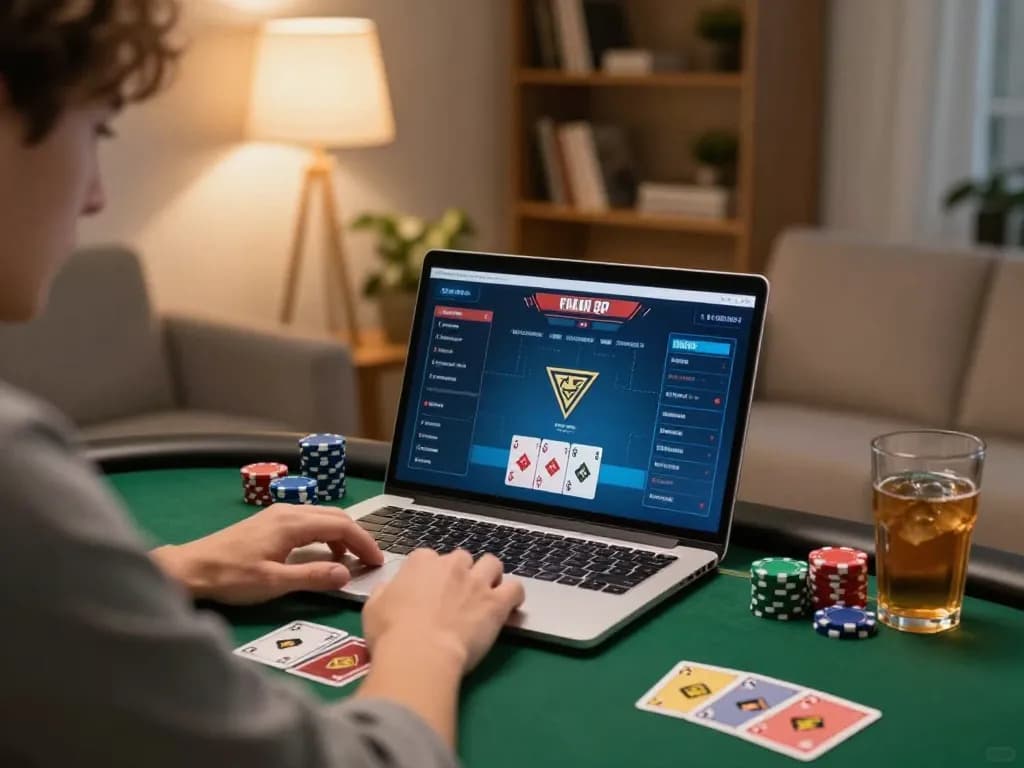 PUB88 player immersed in online poker gaming at home with warm lighting and strategic setup.