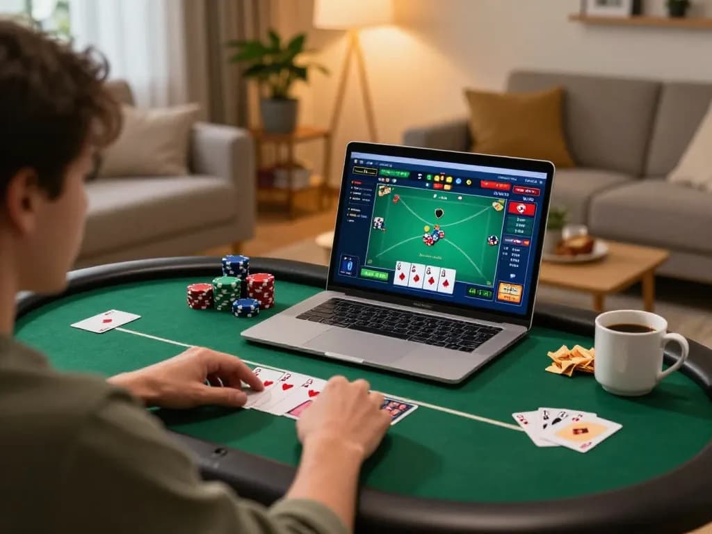 Engaging experience in online poker at home with 888New gaming interface and cozy setup.