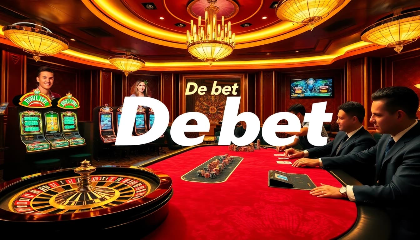 Engaged players placing bets at a lavish casino table, showcasing De bet atmosphere with vibrant slot machines.