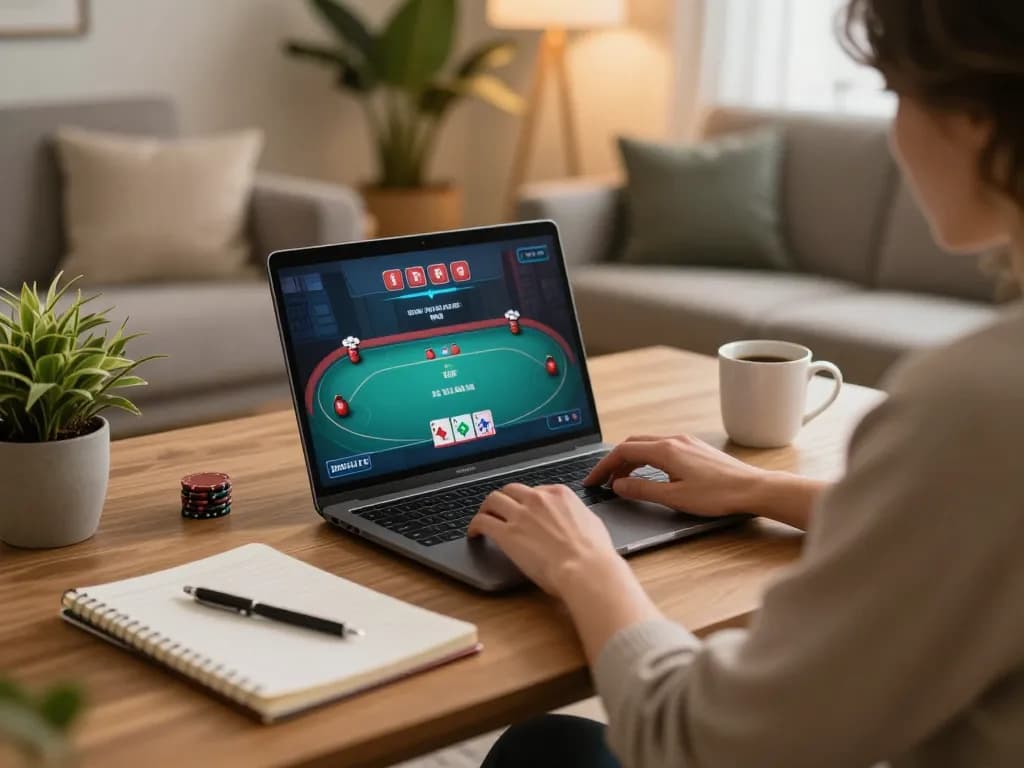 Player enjoying QQ88 online poker from home, emphasizing strategic engagement and comfort.