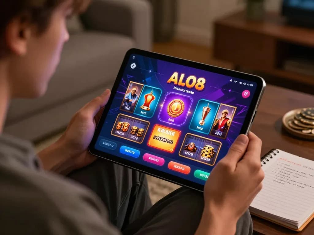 Person enjoying ALO8 online casino game on a tablet, emphasizing strategy and responsible gaming practices.