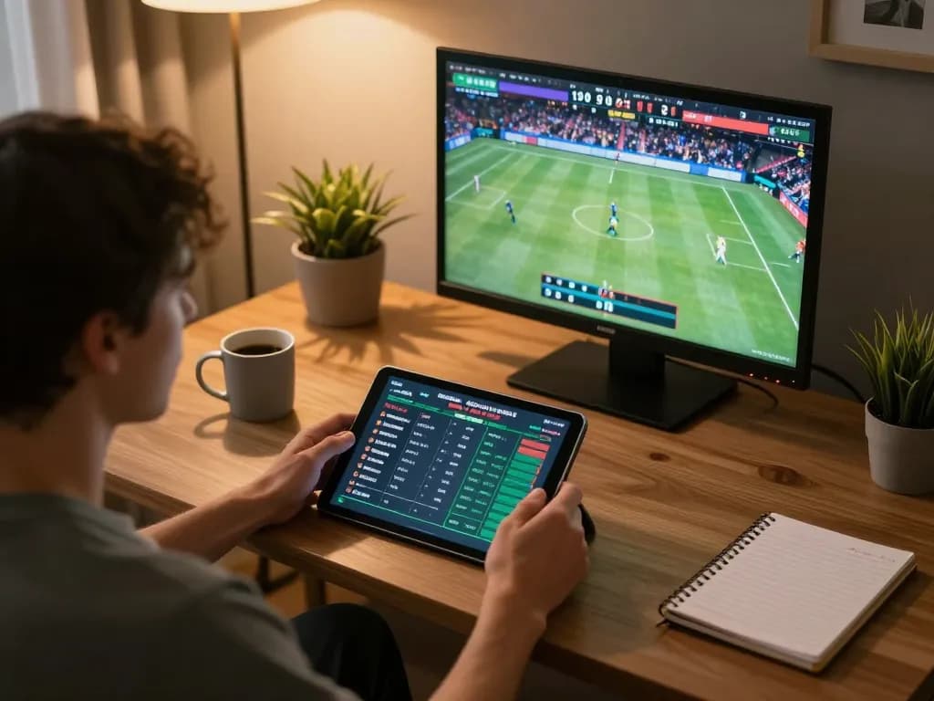 Engaging in keonhacai sports betting through a tablet at home, showcasing betting strategies.