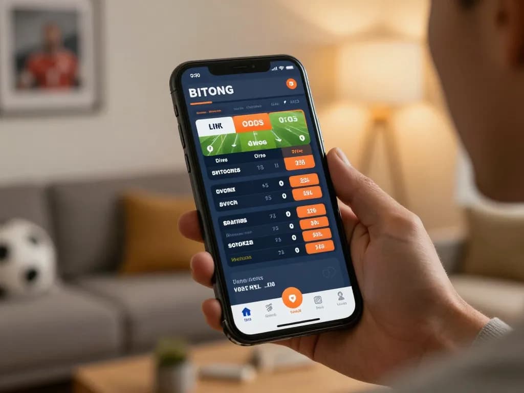 Bsport user analyzing live sports odds and placing bets on mobile app in a cozy home setting.