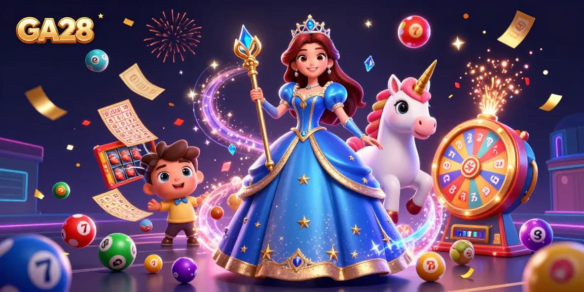 Engage with GA28 in this dazzling casino scene featuring a regal woman and a unicorn amidst vibrant gaming elements.